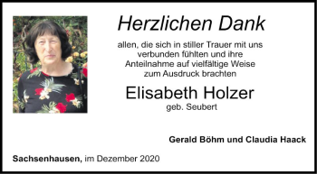 Traueranzeige von Elisabeth Holzer von Fränkische Nachrichten
