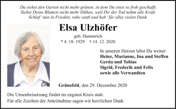 Traueranzeige von Elsa Ulzhöfer von Fränkische Nachrichten