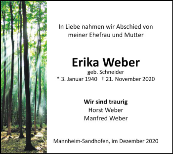 Traueranzeige von Erika Weber von Mannheimer Morgen