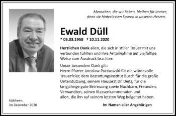 Traueranzeige von Ewald Düll von Fränkische Nachrichten