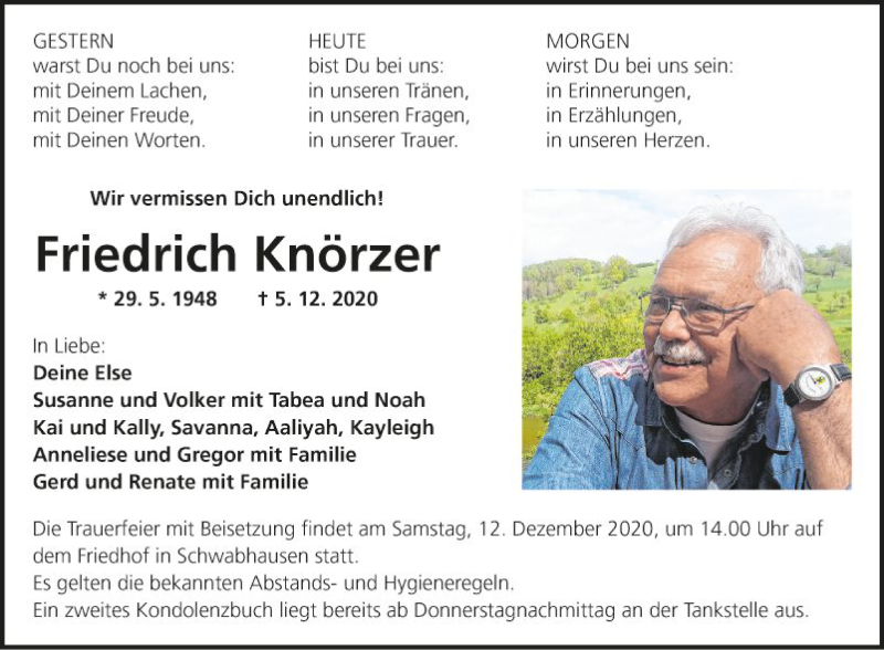  Traueranzeige für Friedrich Knörzer vom 10.12.2020 aus Fränkische Nachrichten