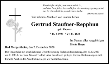 Traueranzeige von Gertrud Staufner-Repphun von Fränkische Nachrichten
