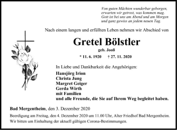 Traueranzeige von Gretel Bölstier von Fränkische Nachrichten
