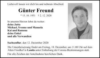 Traueranzeige von Günter Freund von Fränkische Nachrichten