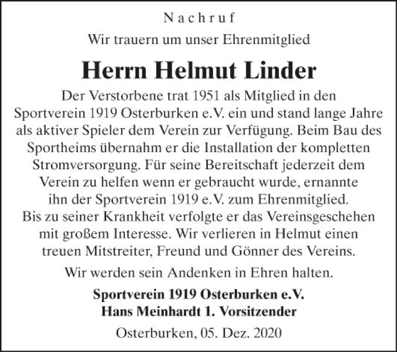  Traueranzeige für Helmut Linder vom 08.12.2020 aus Fränkische Nachrichten