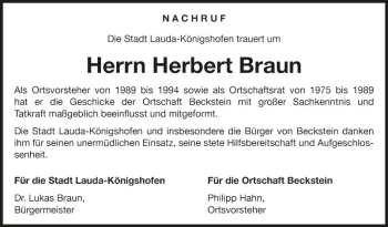Traueranzeige von Herbert Braun von Fränkische Nachrichten
