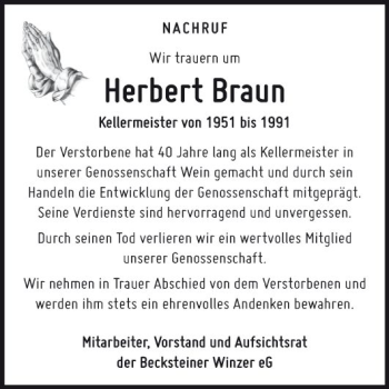 Traueranzeige von Herbert Braun von Fränkische Nachrichten