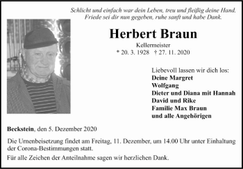 Traueranzeige von Herbert Braun von Fränkische Nachrichten