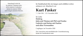 Traueranzeige von Kurt Pasker von Fränkische Nachrichten