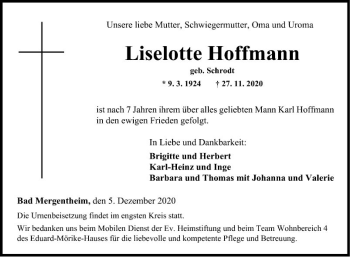 Traueranzeige von Liselotte Hoffmann von Fränkische Nachrichten