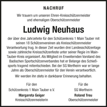 Traueranzeige von Ludwig Neuhaus von Fränkische Nachrichten