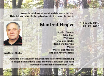 Traueranzeige von Manfred Flegler von Fränkische Nachrichten