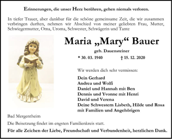 Traueranzeige von Maria  Bauer von Fränkische Nachrichten