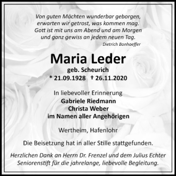 Traueranzeige von Maria Leder von Fränkische Nachrichten
