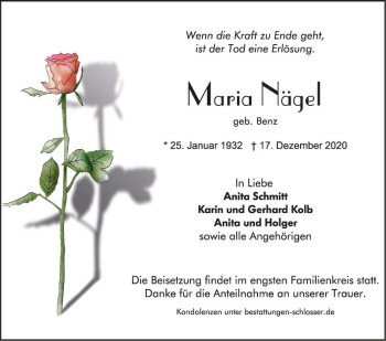 Traueranzeige von Maria Nägel von Südhessen Morgen