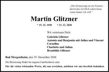 Traueranzeige von Martin Glitzner von Fränkische Nachrichten
