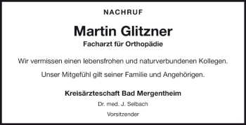 Traueranzeige von Martin Glitzner von Fränkische Nachrichten