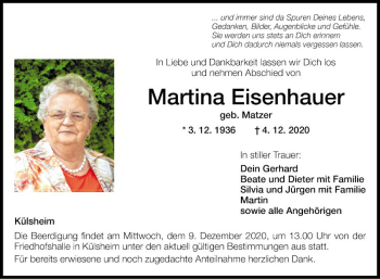 Traueranzeige von Martina Eisenhauer von Fränkische Nachrichten