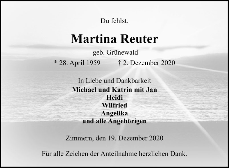  Traueranzeige für Martina Reuter vom 19.12.2020 aus Fränkische Nachrichten