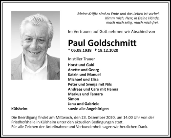 Traueranzeige von Paul Goldschmitt von Fränkische Nachrichten