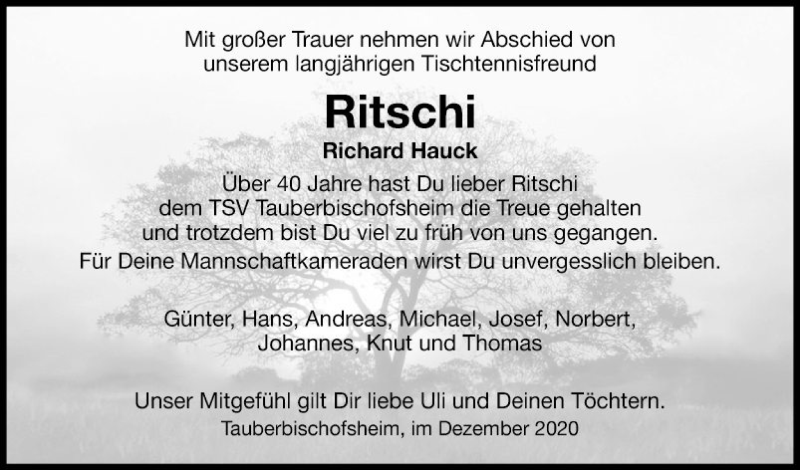  Traueranzeige für Richard Hauck vom 05.12.2020 aus Fränkische Nachrichten