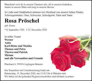 Traueranzeige von Rosa Pröschel von Fränkische Nachrichten