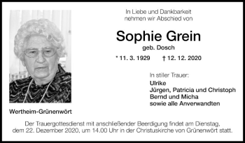 Traueranzeige von Sophie Grein von Fränkische Nachrichten
