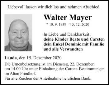 Traueranzeige von Walter Mayer von Fränkische Nachrichten