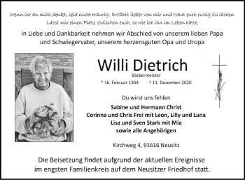 Traueranzeige von Willy Dietrich von Fränkische Nachrichten