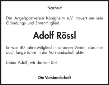 Traueranzeige von Adolf Rössl von Fränkische Nachrichten