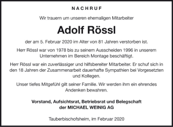 Traueranzeige von Adolf Rössl von Fränkische Nachrichten