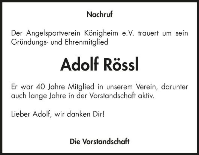  Traueranzeige für Adolf Rössl vom 14.02.2020 aus Fränkische Nachrichten