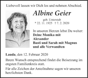 Traueranzeige von Albine Geier von Fränkische Nachrichten