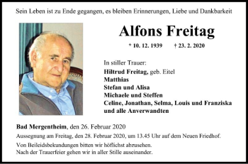 Traueranzeige von Alfons Freitag von Fränkische Nachrichten