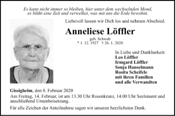 Traueranzeige von Anneliese Löffler von Fränkische Nachrichten