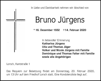 Traueranzeige von Bruno Jürgens von Bergsträßer Anzeiger