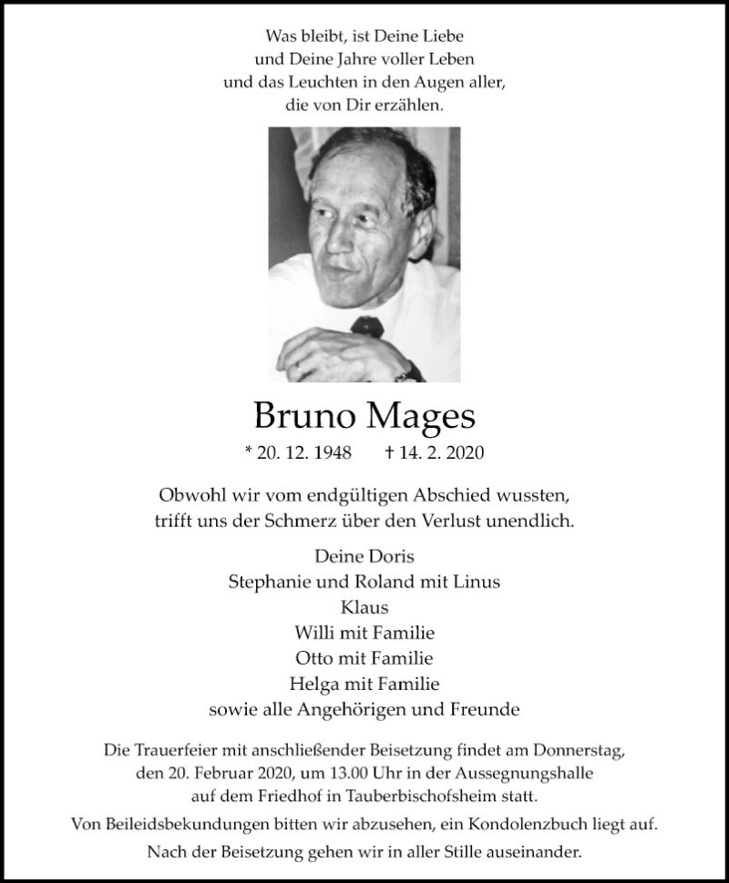  Traueranzeige für Bruno Mages vom 18.02.2020 aus Fränkische Nachrichten