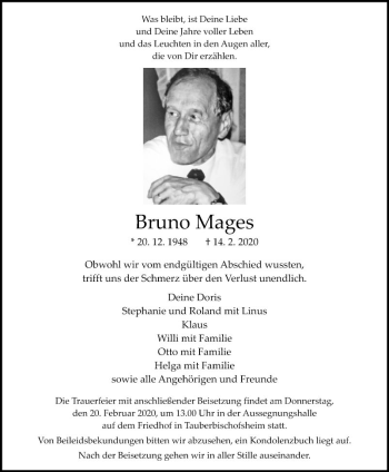 Traueranzeige von Bruno Mages von Fränkische Nachrichten