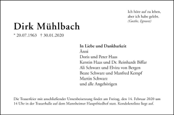Traueranzeige von Dirk Mühlbach von Mannheimer Morgen