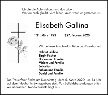 Traueranzeige von Elisabeth Gallina von Bergsträßer Anzeiger