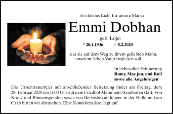 Traueranzeige von Emmi Dobhan von Mannheimer Morgen