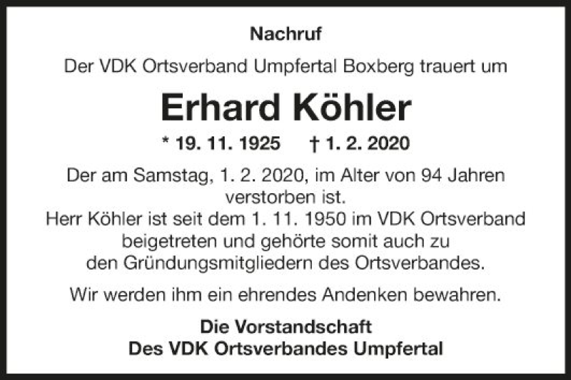  Traueranzeige für Erhard Köhler vom 07.02.2020 aus Fränkische Nachrichten