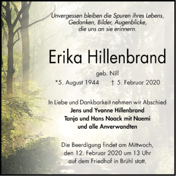Traueranzeige von Erika Hillenbrand von Schwetzinger Zeitung