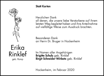 Traueranzeige von Erika Rinklef von Schwetzinger Zeitung