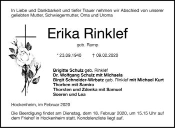 Traueranzeige von Erika Rinklef von Schwetzinger Zeitung
