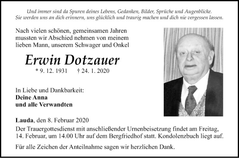  Traueranzeige für Erwin Dotzauer vom 08.02.2020 aus Fränkische Nachrichten