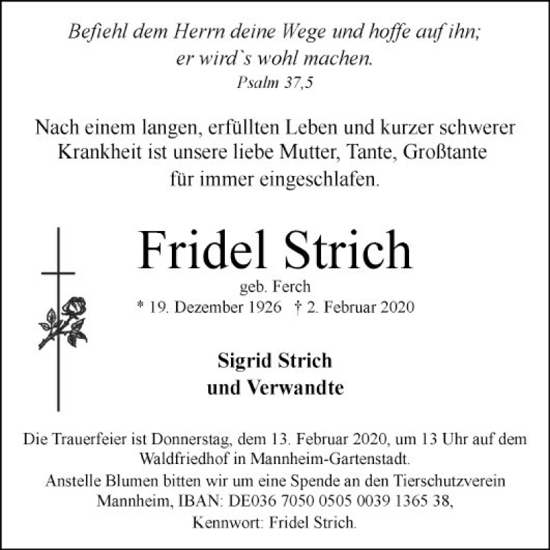  Traueranzeige für Fridel Strich vom 08.02.2020 aus Mannheimer Morgen
