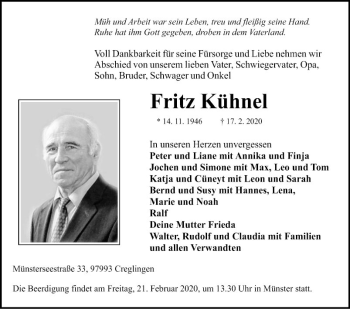 Traueranzeige von Fritz Kühnel von Fränkische Nachrichten