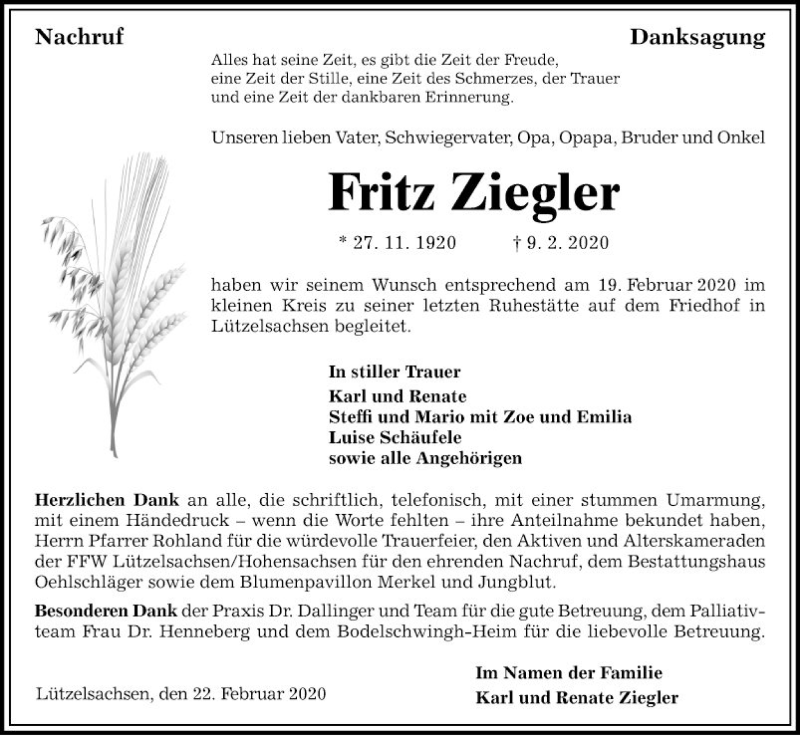  Traueranzeige für Fritz Ziegler vom 22.02.2020 aus Mannheimer Morgen