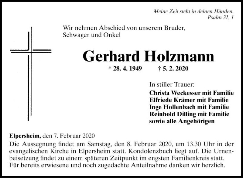 Traueranzeige für Gerhard Holzmann vom 07.02.2020 aus Fränkische Nachrichten